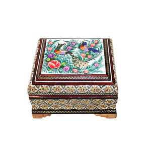 جعبه جواهرات خاتم کاری چوبی صنایع دستی فاخر مدل گل و مرغ برجسته کد Gr12118-1f3