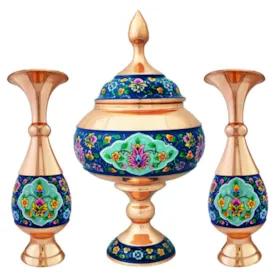 ست 3 تکه گلدان و شکلات خوری میناکاری مسی مدل پرداز کد st25